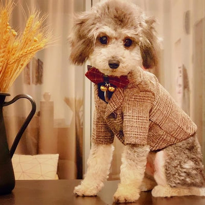 Dog Clothes Pet Plaid Suit Dog Tuxedo Costumes, Formal Gentleman Apparel Vest, Wedding Party Birthday Wear French Bulldog Pug Teddy Terrier (S, Brown Coat)