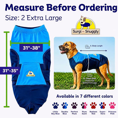 Surgi Snuggly Dog Surgery Recovery Suit - Dog Onesie for Post Surgery Recovery, Female Spay & Male Neuter - Surgical Suit for Dogs, E-Collar Cone Alternative, Double Blue - 2X-Large - 31" - 35" (EC)