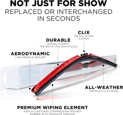 ClixWipers 20" + 20" (Set of 2) Red Chrome All Weather Premium Automotive Replacement Windshield Wiper Blades, Passenger and Driver Side Winter Wiper Blades for Various Car Models