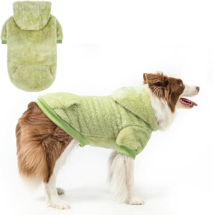 SCENEREAL Fleece Dog Sweaters Hoodie for Small Medium Large Dogs Girls Boys, Plush Fuzzy Dog Clothes Hoodies with Leash Hole, Winter/Fall Puppy Cold Weather Coat, Sherpa Hooded Sweatshirt, Green L