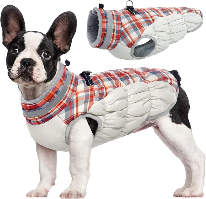 FUAMEY Dog Coat for Medium Dogs,Waterproof Dog Winter Jacket with Harness Built in Puppy Cold Weather Coats Reflective Pet Vest with Zipper Warm Fleece Dogs Snowsuit Windproof Red Plaid M