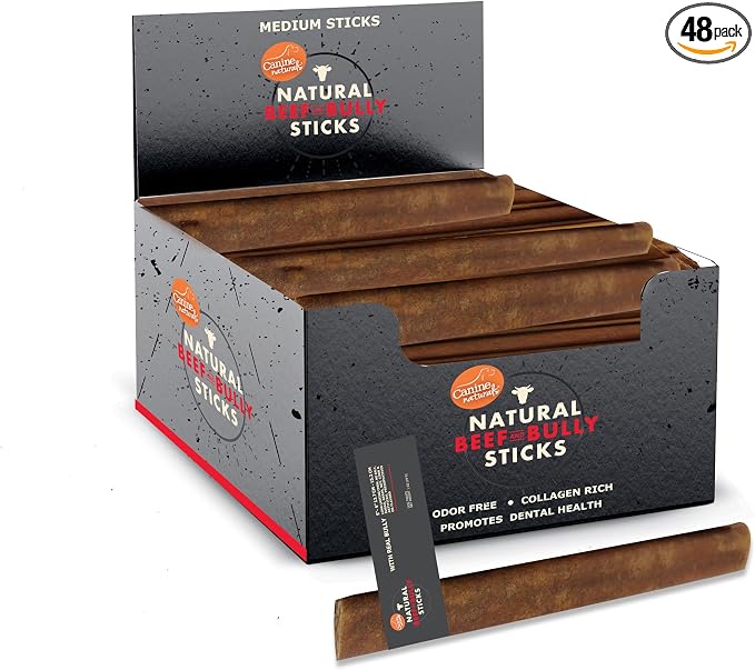 Natural Beef & Bully Sticks | 48 Count | Long-Lasting, Odor Free, High Protein Chews Made with 100% Real Bully | Bulk Carton Medium Sticks
