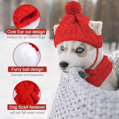 Kuoser Dog Winter Hat & Scarf Set, Knitted Hat Pet Christmas Winter Warm Caps Cute Accessories Neck Ear Warmer Hood Warm Scarf Party Decoration for Cat and Dog Red