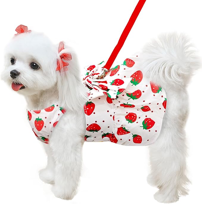 ABRRLO Cute Dog Dress Small Dog Clothes for Girls Female Puppy Outfits Red Strawberry Pet Summer Clothes Bowknot Doggy Cat Princess Dresses Harness for Holiday Birthday Party Costume Clothing (Red,M)
