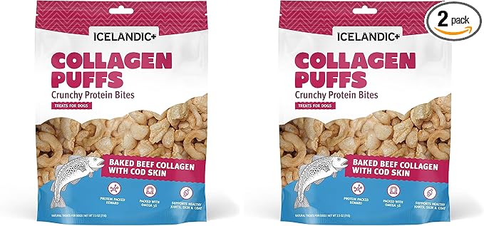 Icelandic+ Collagen Puffs: Baked Beef Collagen with Cod Skin 2.5oz - Treats for Med-Lg Dogs, Crunchy Protein Bites (Pack of 2)