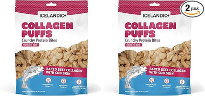 Icelandic+ Collagen Puffs: Baked Beef Collagen with Cod Skin 2.5oz - Treats for Med-Lg Dogs, Crunchy Protein Bites (Pack of 2)