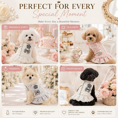 Spring Fall Winter Dog Tweed Coat with Pearl Design, Warm Fleece Dog Dress for Small Medium Dogs & Cats, Cute Puppy Clothes with Bow & Flower, Luxury Pet Outfit for Girls(Blue,L)