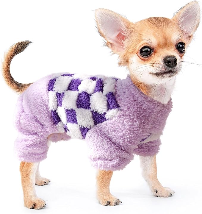 Sebaoyu Turtleneck Dog Pajamas for Small Dogs, Fleece Sweater, Winter Cute Tiny Clothes Outfit Puppy Pet Jumpsuits Chihuahua Yorkie Cat Clothing(Plaid Purple,X-Small)