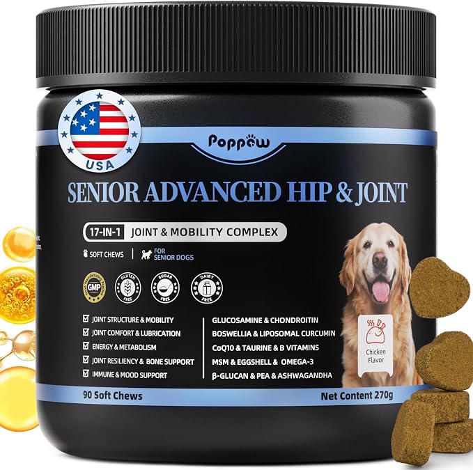 Senior Advanced Joint Supplement for Dogs – 17-in-1 Glucosamine for Dogs with Chondroitin – Hip & Joint Pain Relief Pills – Mobility Support Chews – Large & Small Breeds - Chicken Flavor – 90Ct