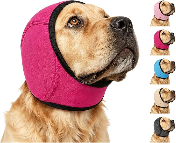 Zenpup Noise Cancelling Ear Wrap, Dog No Shake Ear Muffs Noise Protection Firework Thunder Vacuum, Comfortable Quiet Dogs Calming Hoodie, Adjustable for Grooming Bathing & Swimming (Rosered, X-Large)