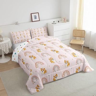 Dog Bedding Set for Kids, Cute Pug Rainbow Comforter Set Full, Cartoon Love Heart Down Comforter for Boys Girls Children Bedroom, Cartoon Animal Puppy Quilted Duvet 3Pcs with 2 Pillow Cases, Pink