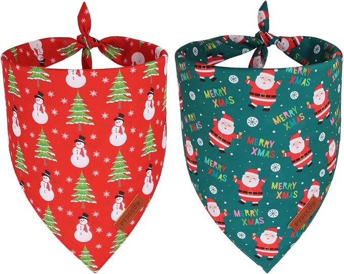 Christmas Dog Bandana, Snowman and Tree Santa Design Reversible Holiday Pet Scarf, Red Green Triangle Christmas Bandanas for Medium Large Dogs Pets (Large)
