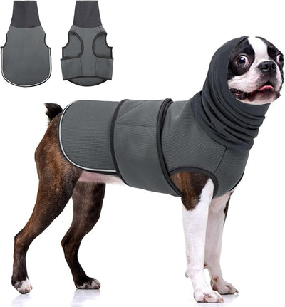 KOESON Dog Anxiety Relief Vest with Ear Cover, Soft & Breathable Dog Thunder Jacket for Thunderstorm, Fireworks, Travel, Separation, Reflective Calming Hoodie for Small Dogs, Grey S