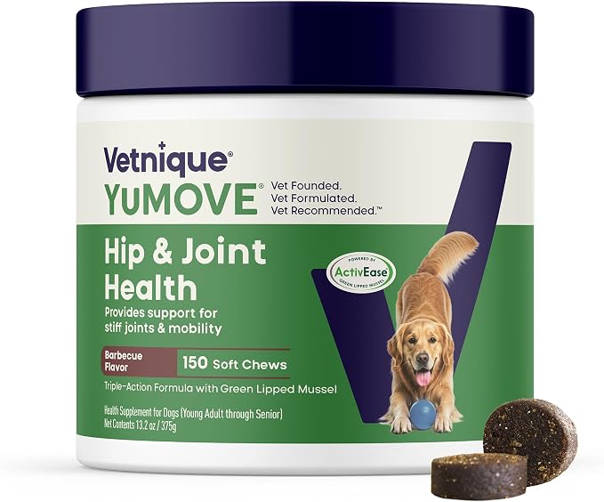 Adult Dog Hip & Joint Soft Chews, ActivEase Green Lipped Mussel, Glucosamine for Dogs, Hyaluronic Acid & Omega 3 - Barbecue Flavor (150ct Chews, Regular Strength)