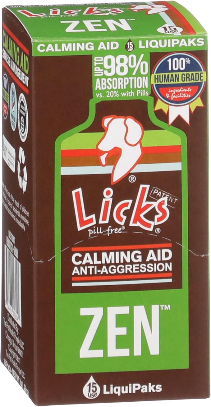 Licks Zen Calming Aid - Calm Behavior & Stress Support for Dogs & Cats - L-Theanine, Chamomile, Ashwagandha & Tryptophan - Pill-Free Gel Packets - Chicken Flavor - 15 Packets