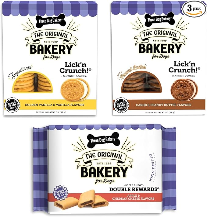 Classic Cookies Dog Treats Variety Pack - Peanut Butter, Vanilla, & Carob Crunchy Treats for Dogs - 3 Pack