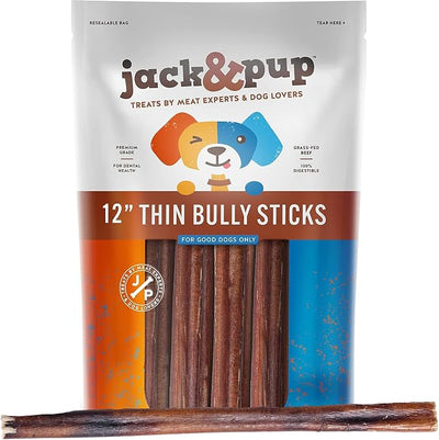 Jack&Pup 12 Inch Thin Bully Sticks for Small Dogs (5 Pack) Natural Dog Chews, Bully Sticks for Puppies, Senior Dogs