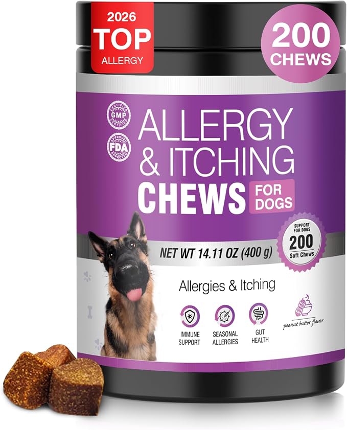 Dog Allergy Chews 200ct - Dog Allergy Itching Skin Relief Immune Support Anti Itch Probiotics for Yeast, Itchy Skin and Itchy Ears, Vitamins for Seasonal Allergies Itchy Skin Gut Health,Peanut Butter