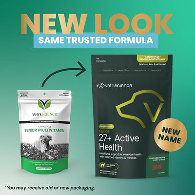 VetriScience Senior 27+ Active Health Chews, Canine Plus Daily Multivitamin for Senior Dogs, Balanced Vitamins, Minerals and Antioxidants, Healthy Aging and Wellness Support, Veggie, 60 Servings