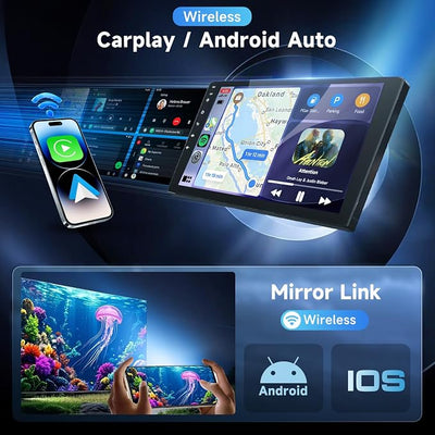 8 Core 6G+128G Android Stereo with Wireless Carplay and Android Auto, 1280P 9 Inch Double DIN Touchscreen Radio with Bluetooth Mirror Link WiFi GPS Steering Wheel Control FM/RDS DSP USB