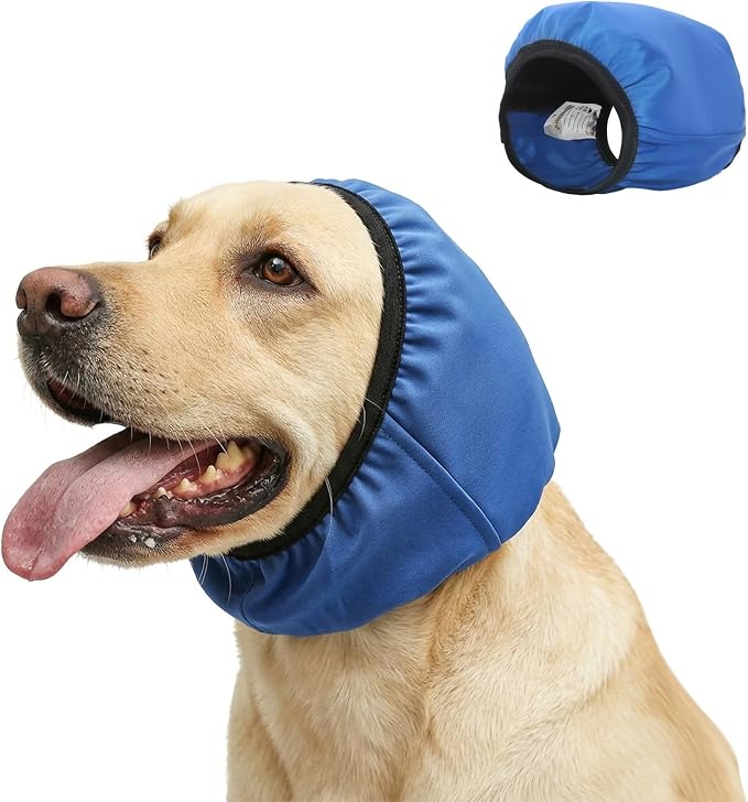 Adhiper Waterproof Dog Ear Muffs & No Shake Ear Wraps for Swim, Bath, Drying, Grooming, Dog Ear-Covers for Sound Noise Protection & Anxiety Relief - Head Circle 15.8-21.7in (Blue/L)