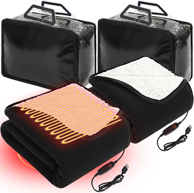 Tuanse 2 Pcs USB Heated Blanket 25"x35" Small Portable 5v 3 Setting Electric Blanket with Timer and Temperature Controller Winter Wearable Recharge Throw for Travel Home(Black)