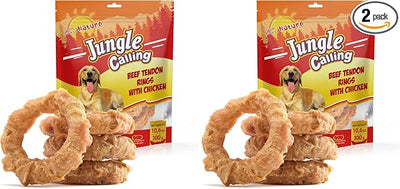 Jungle Calling Beef Tendons for Adult Dogs, Chicken Wrapped Tendons Dog Chews Long Lasting Hip and Joint Supplement for Dogs with Glucosamine (Ring) (Pack of 2)