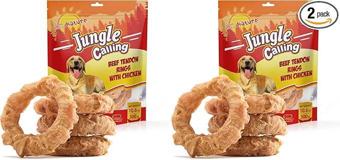 Beef Tendons for Adult Dogs, Chicken Wrapped Tendons Dog Chews Long Lasting Hip and Joint Supplement for Dogs with Glucosamine (Ring) (Pack of 2)