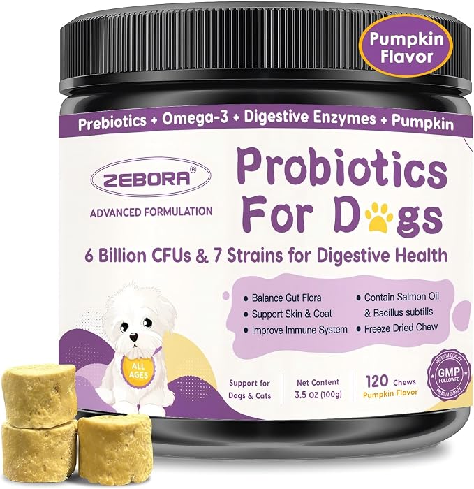 Probiotics for Dogs, Dog Probiotics for Digestive Health, with Pumpkin, Digestive Enzymes, Omega-3, Support Gut, Immune Health, Upset Stomach Relief, Occasional Diarrhea, 120 Freeze Dried Chews