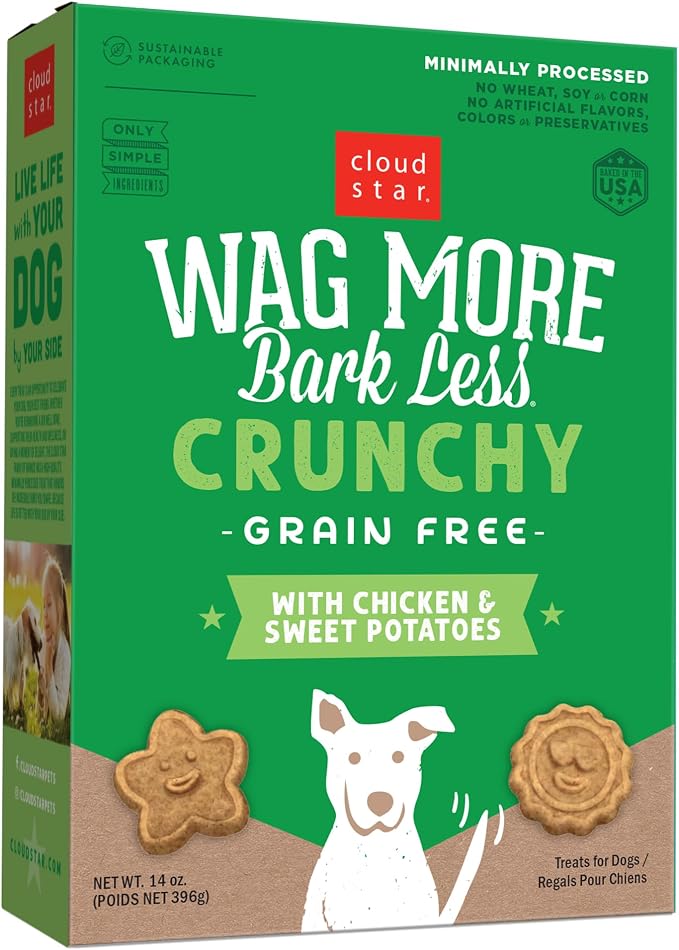 Wag More Bark Less - Dog Treats - Crunchy Biscuits - Grain Free Chicken & Sweet Potato - 14 oz Box