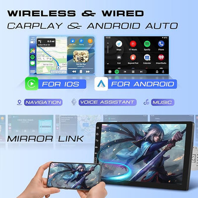 Hodozzy Single Din Car Stereo with 9 Inch IPS Touch Screen, Wireless CarPlay & Android Auto, Bluetooth, FM/AM/RDS Radio, Online Video, Mirror Link,EQ,SWC,USB,Backup Camera & RGB Button Lights