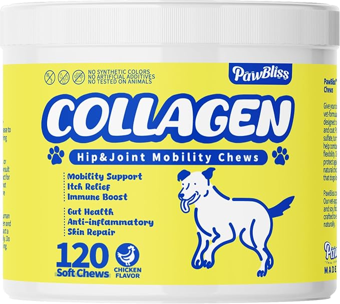 Collagen for Dogs – Hip & Joint Support + Skin & Coat – 9-in-1 Formula with Collagen Peptides, Eggshell Membrane, Hyaluronic Acid, Omega-3, Chondroitin & More – 120 Soft Chews