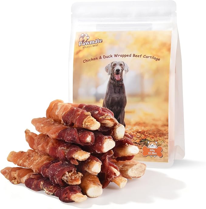 Pawmate Dog Treats Chicken & Duck Wrapped Beef Cartilages, Long Lasting Dog Bones Rawhide Free & Grain Free, Low Fat Dog Chews for Medium Large Breed Dogs, 10.6 oz