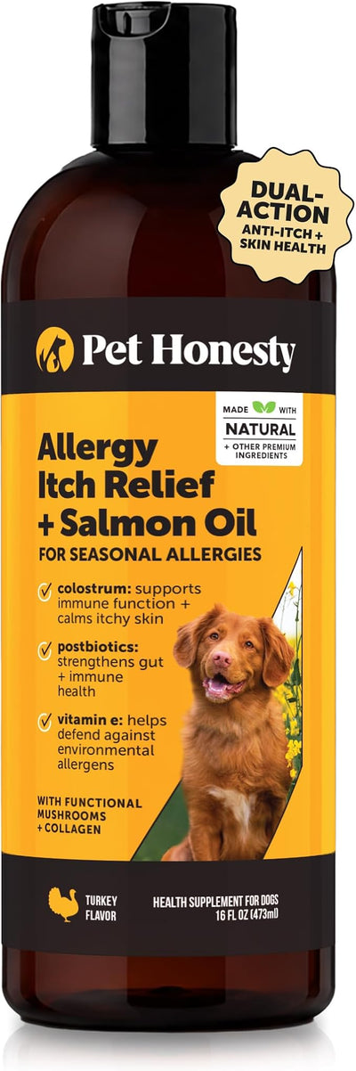 Dog Allergy Anti-Itch Salmon Oil - Itchy Skin Relief for Dogs Skin and Coat Supplement - Omega 3 Fish Oil Liquid Food Topper for Seasonal Allergies, Itch Relief + Immune Support with Colostrum (16 oz)
