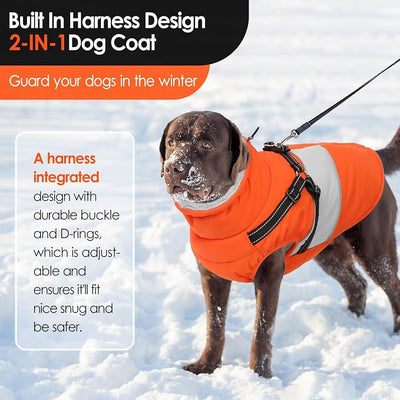 AOFITEE Dog Winter Coat, Dog Coat with Harness Built in, Dogs Jacket for Large Dogs, Reflective Waterproof Pet Puffer Jacket Snowsuit, Warm Fleece Windproof Pet Sweater for Cold Weather, XL