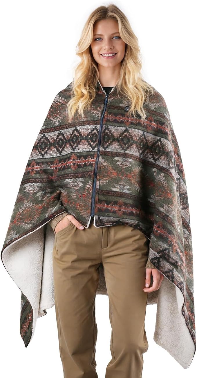 Heated Wearable Blanket, Faux Cashmere Electric Throw with 3 Heating Levels, Type-C Powered, Southwestern Pattern, 40x65 Inches (Green(Thin))
