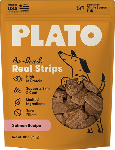 Plato Real Strips Salmon Recipe Dog Treats, Air-Dried High-Protein Soft Strips, Omega-Rich Skin & Coat Support, 18 oz