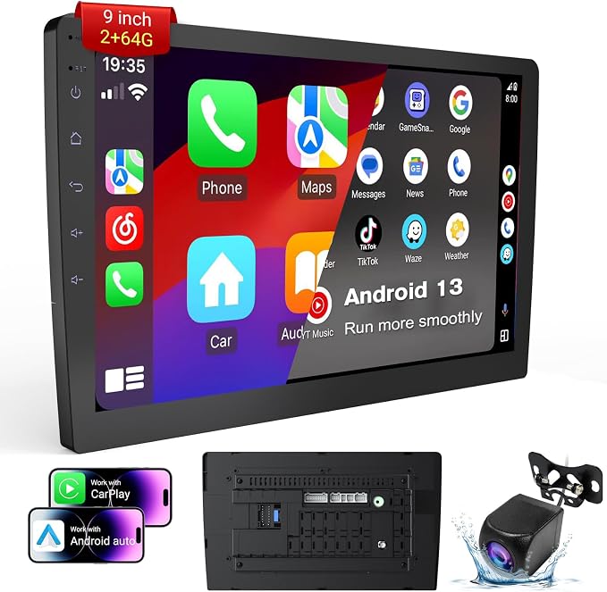 Haudio 9 Inch Double Din Car Stereo, Android 13 Touchscreen Radio with Wireless Apple CarPlay & Android Auto, 2GB+64GB, GPS, Bluetooth, WiFi, FM/AM/RDS, Mirror Link, 720P AHD Backup Camera