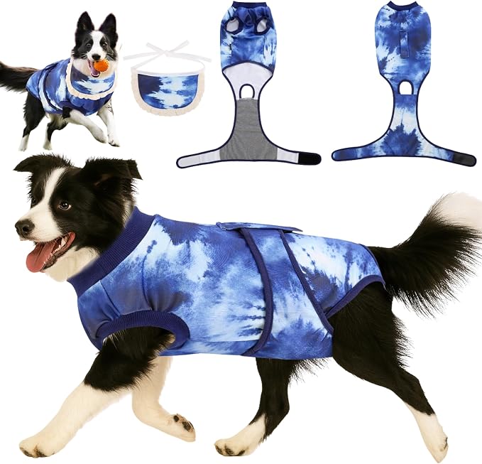 Soft Dog Surgery Recovery Suit for Female/Male Spay/Neuter, Bandana Set Included, E-Collar Cone Alternative to Stop Licking Wounds, Large Dogs Onesie Full Body Surgical Suits, Medical Pet Bodysuit, L
