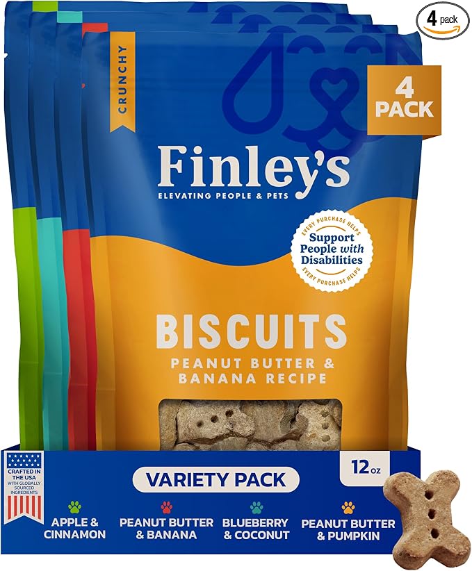 Finley's Crunchy Dog Biscuits, Variety Flavor, Plant-Based Healthy Treats, Oven Baked Dog Cookies, 12oz, 4 Variety Flavor Pack