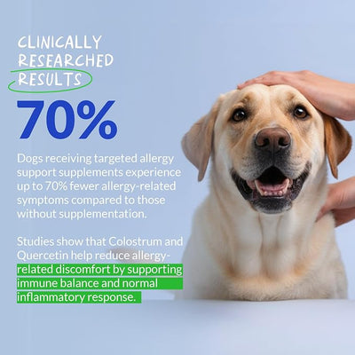 Allergy Relief for Dogs 120 Tablets - Itch, Skin & Immune Support | With Vitamin C, Omega 3, Colostrum & Probiotics. Supports itch relief, skin soothing & immune health. 120 chewable tablets.