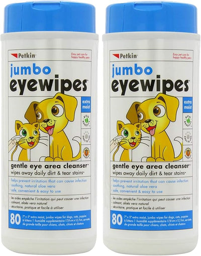Petkin Jumbo Pet Eye Wipes, 80 Extra Moist Wipes, 2 Pack - Natural Formula Gently Removes Dirt, Discharge, & Tear Stains - Safe, Convenient, & Easy to Use Pet Wipes for Dogs, Cats, Puppies & Kittens