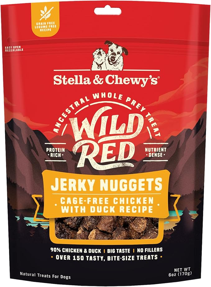 Stella & Chewy's Wild Red Jerky Nuggets - 90% Protein-Rich Chicken & Duck Dog Treats - Grain-Free Training Rewards for All Breeds - Made in USA - 6 oz Bag