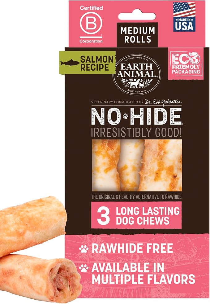 No Hide Chews - Long Lasting Rawhide Free Medium Dog Chews Rolls, Salmon - 3 Count Value Pack