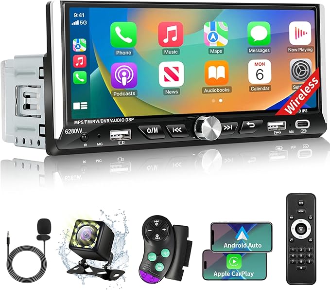 Single Din Radio Car Stereo with Wireless Apple Carplay & Android Auto, 6.9" UHD Touchscreen Car Stereo with Bluetooth, 1080P Backup Camera Mirror Link Navigation USB Type-C Fast Charging FM/AM EQ SWC