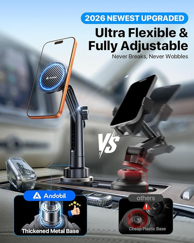 andobil Upgraded Cup Holder Phone Holder for Magsafe, [Strongest Magnet & Adjustable] Cup Phone Holders for Your Car Truck SUV, Cell Phone Car Mount Fits iPhone 17/16/15/14/13 Pro Max (Carbon Fiber)