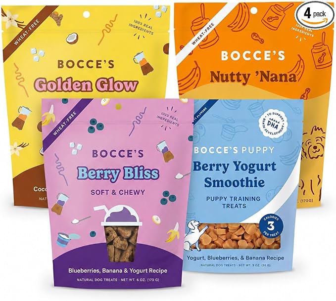 Bocce's Bakery Smoothie Recipe Dog Treat Variety Pack – Natural, Wheat-Free Soft & Chewy Cookies, Biscuits, and Training Treats Made with Real Ingredients and Baked in The USA – 4 Pack Bundle
