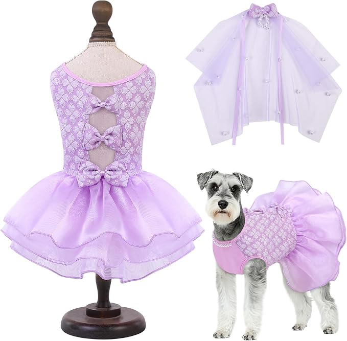 ASENKU Dog Dress, Dog Wedding Dress, Pet Lace Princess Dress with Bows for Wedding Birthday Party, Puppy Formal Apparel with Pearl Necklace for Medium Large Dogs (Purple, Large)