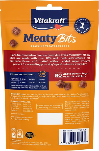 Vitakraft MeatyBits Beef, Training Treats for Dogs, Naturally Smoked, Real Meat #1 Ingredient, No Added Sugar, No Artificial Flavors or Colors, Soft Dog Treats, Bag, 2.2 oz, 4 Count