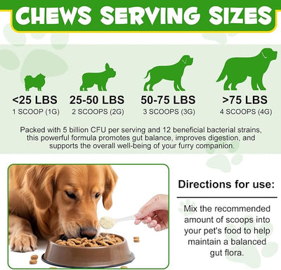 Probiotics for Dogs - Probiotic Powder with 5 Billion CFU & Prebiotics, 12-Strain Formula for Digestive Health & Diarrhea Relief, Vet-Recommended for Sensitive Stomach 4.23oz